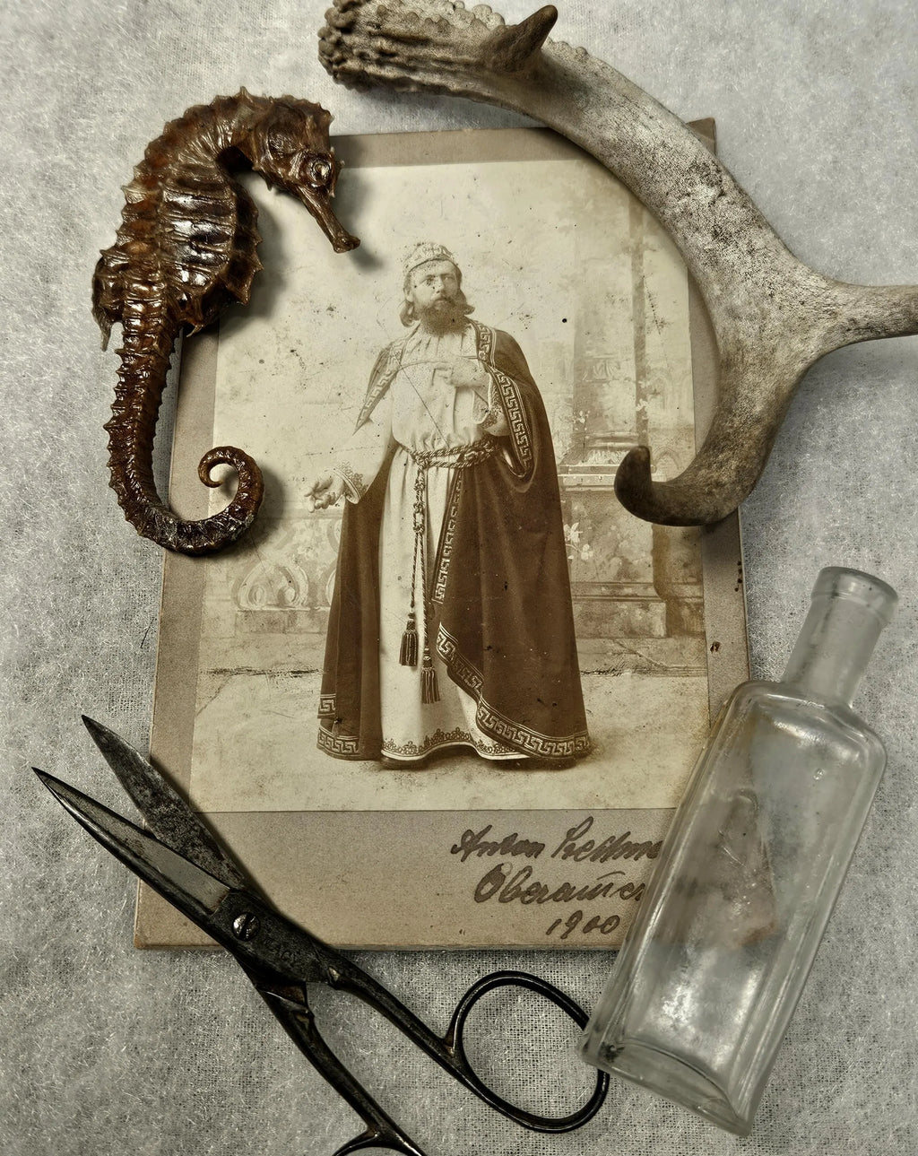 Vintage sepia-toned portrait print of a bearded man in historical clothing, styled with a seahorse, antler, scissors, and a small glass bottle on a textured lace surface.