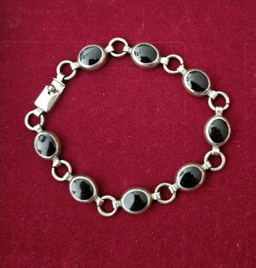 Vintage Sterling Silver 925 & Black Onyx Stone Artisan Link Chain Bracelet