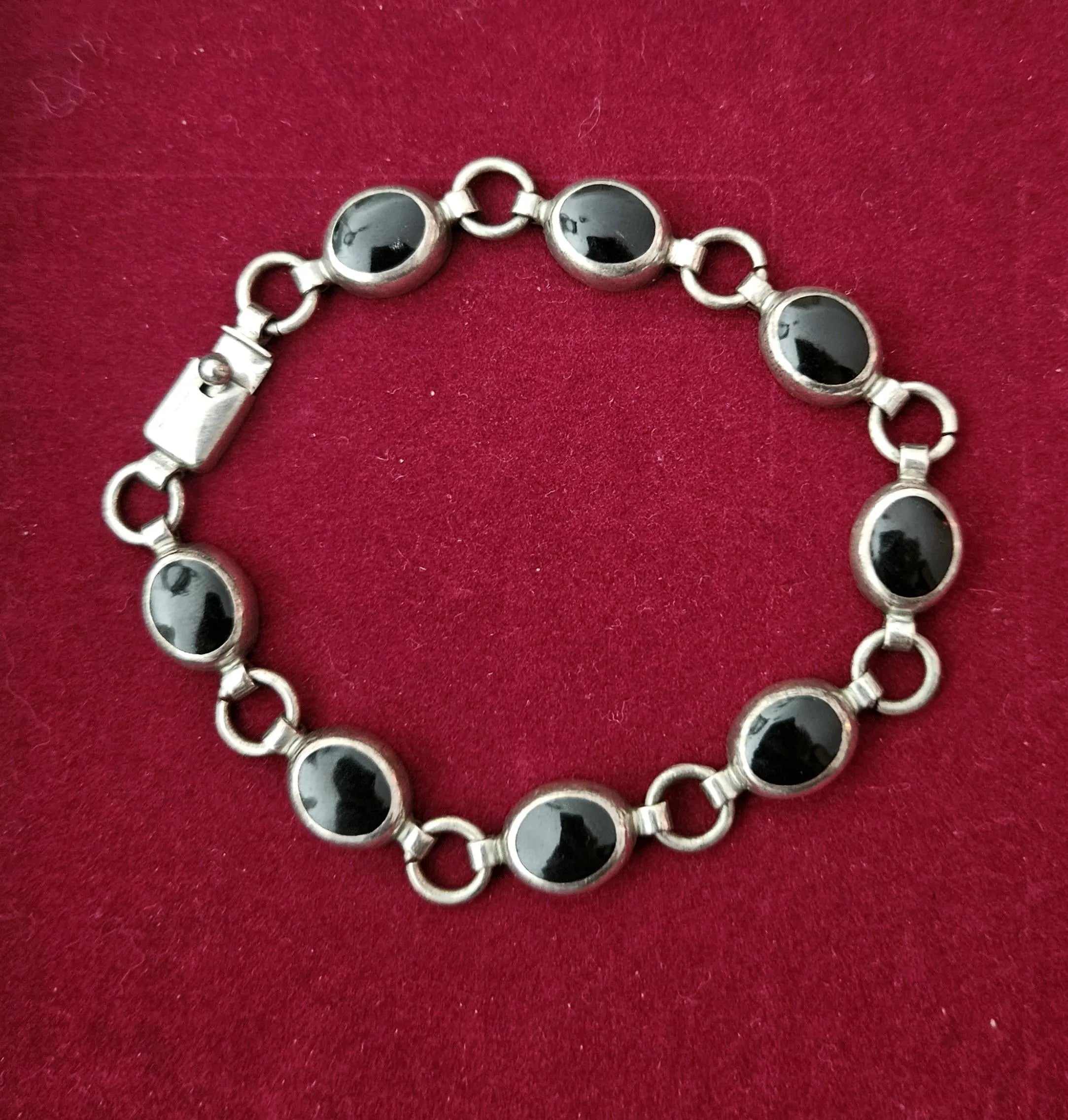 Vintage Sterling Silver 925 & Black Onyx Stone Artisan Link Chain Bracelet