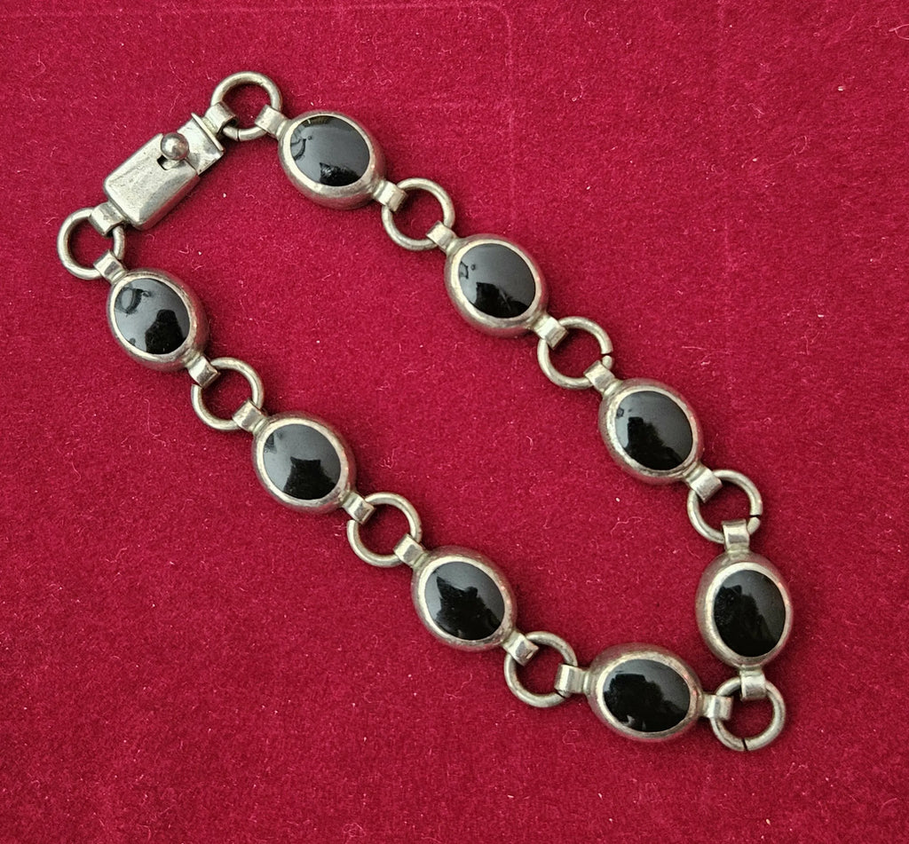 Vintage Sterling Silver 925 & Black Onyx Stone Artisan Link Chain Bracelet