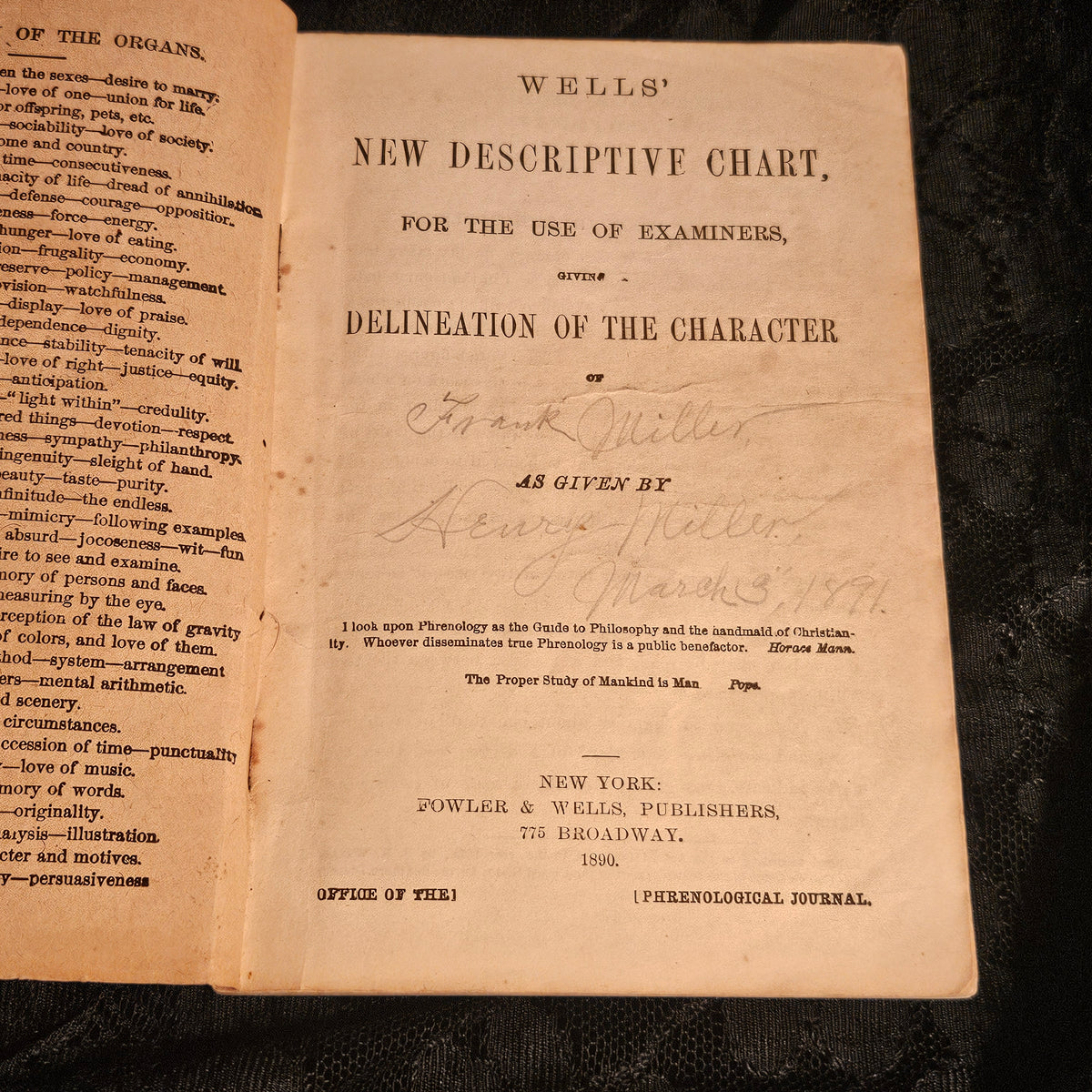 Wells' 1890 New Descriptive Chart Practical Phrenology Pamphlet