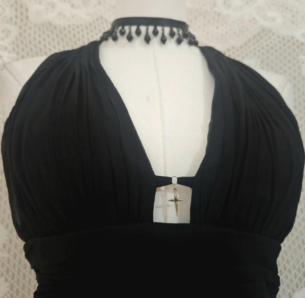 Vintage Black Silk Cross Detail Halter Dress