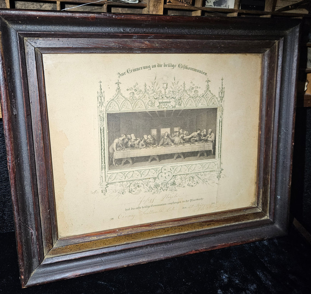 Antique 1887 Framed First Communion Catholic Certificate