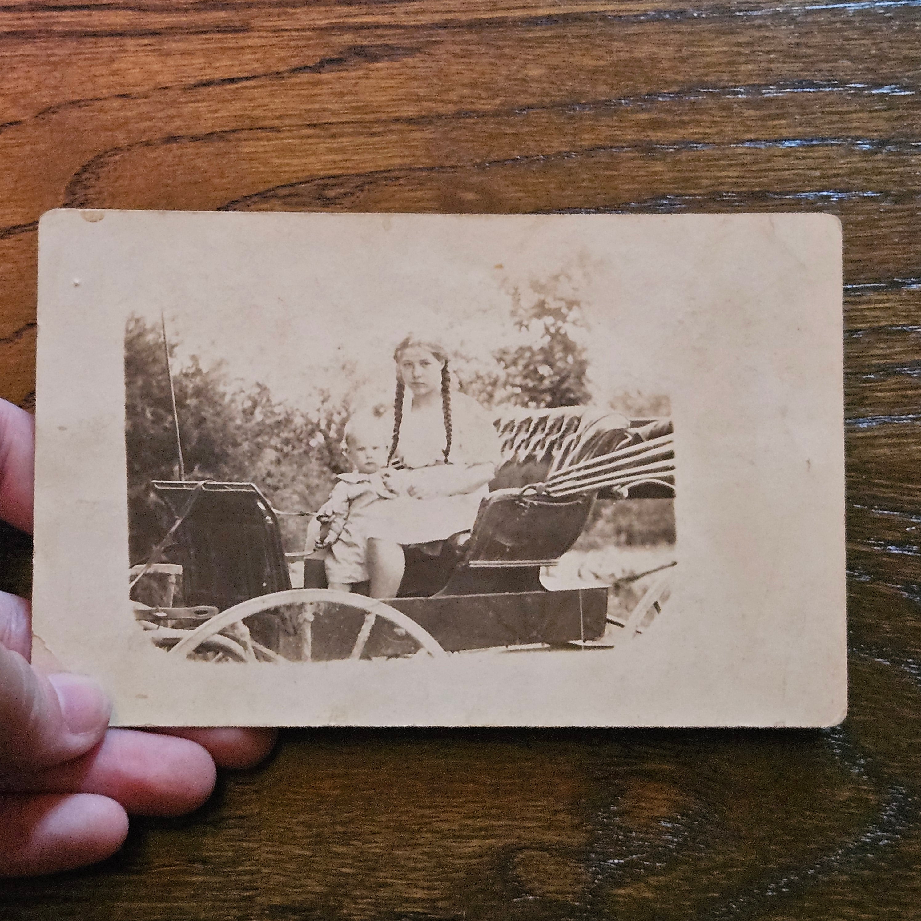 Antique Woman & Child Stagecoach Photo Postcard