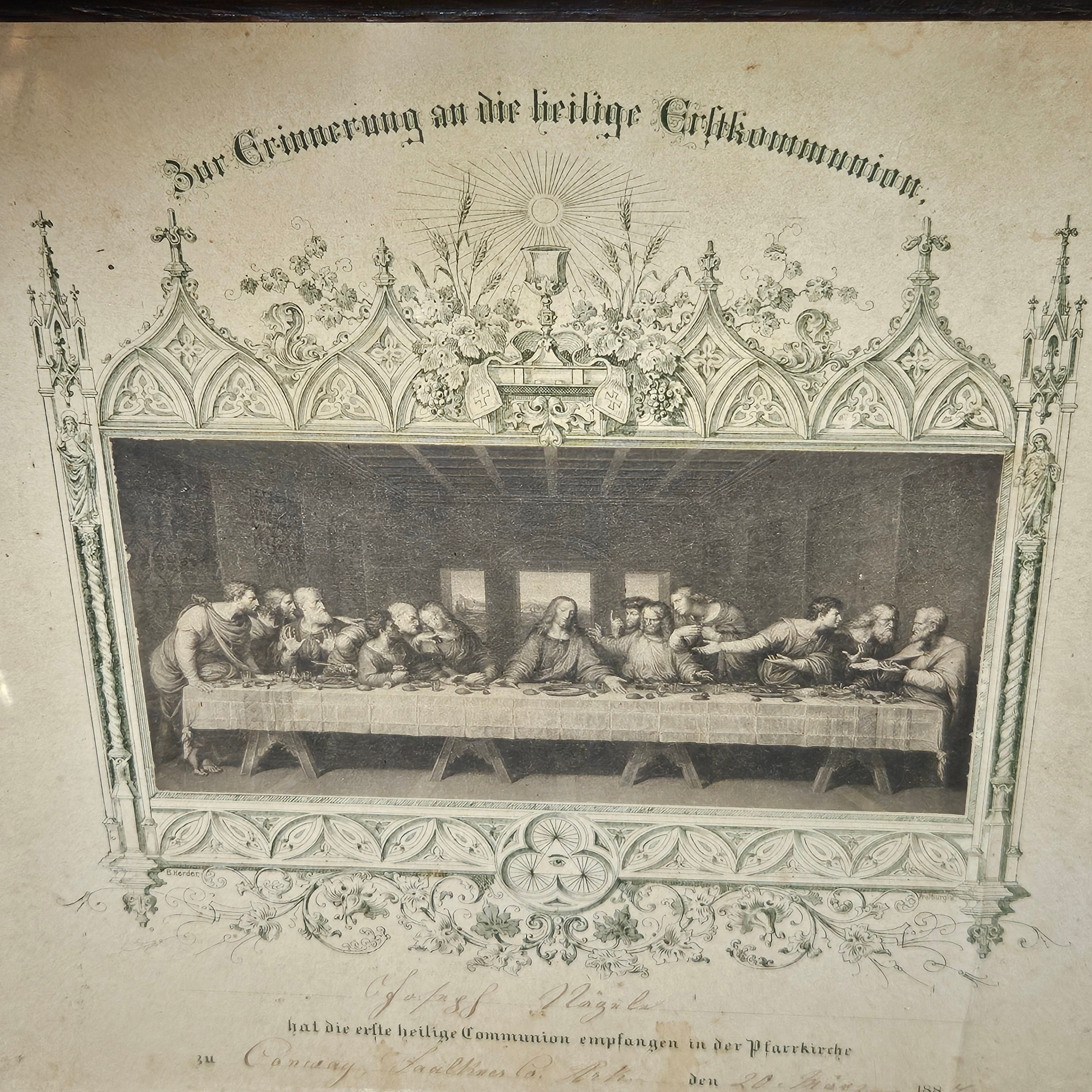 Antique 1887 Framed First Communion Catholic Certificate