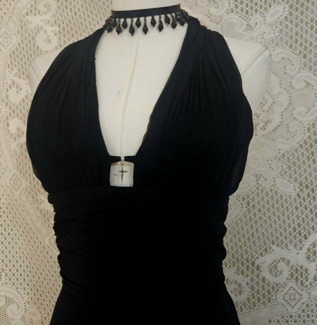 Vintage Black Silk Cross Detail Halter Dress