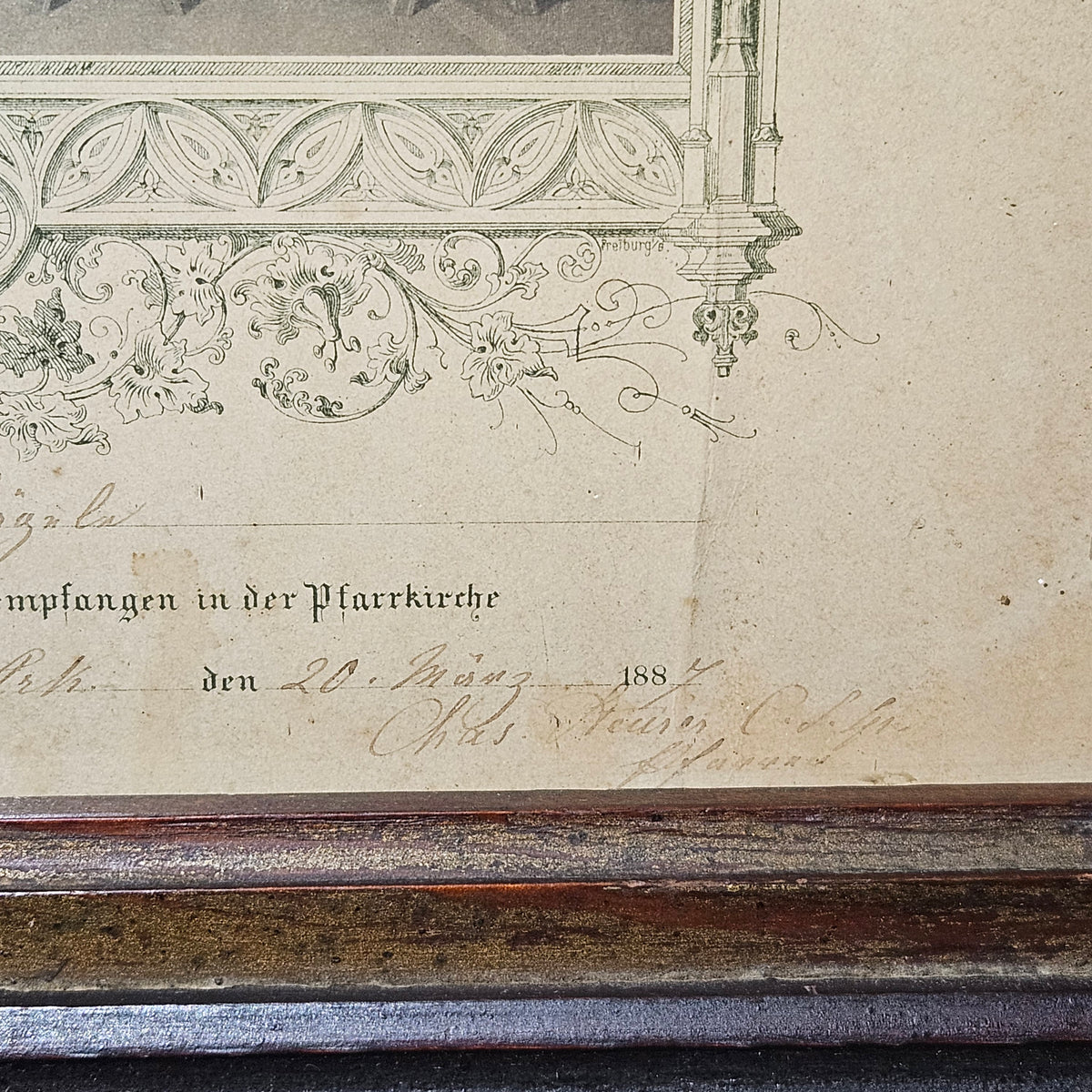 Antique 1887 Framed First Communion Catholic Certificate