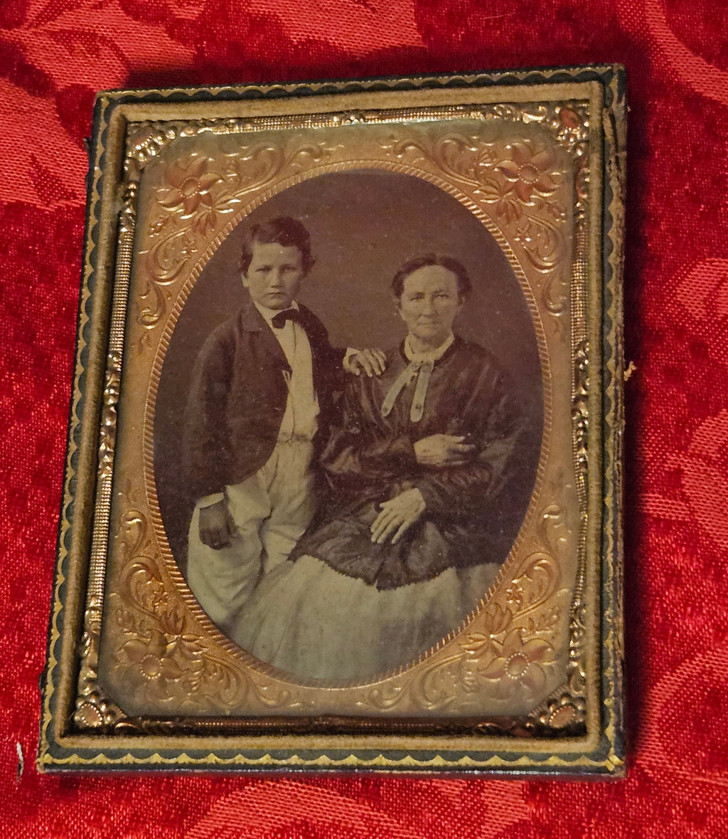 Antique Ambrotype Photograph, Woman And Child Hand-Tinted Gold Cross Detail