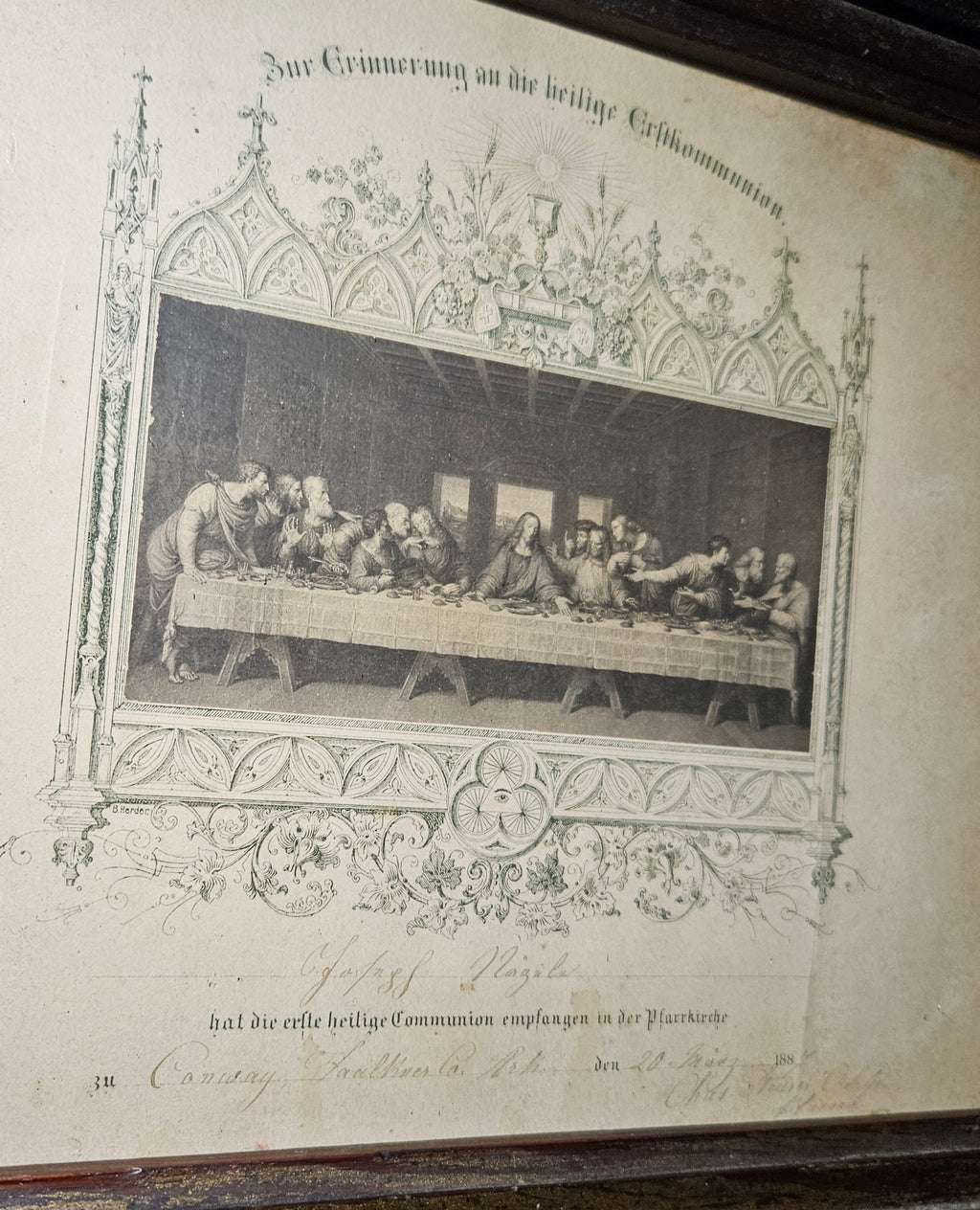 Antique 1887 Framed First Communion Catholic Certificate