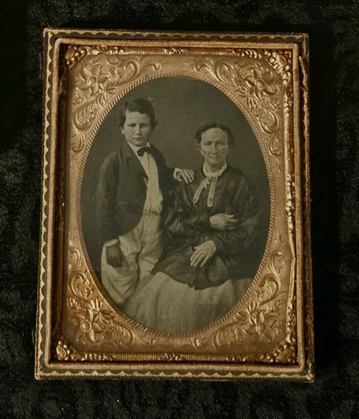 Antique Ambrotype Photograph, Woman And Child Hand-Tinted Gold Cross Detail