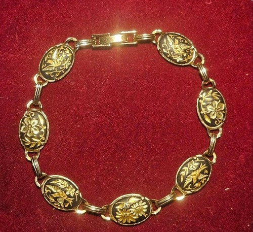 Vintage Damascene Gold & Black Etched Dove Pattern Link Bracelet