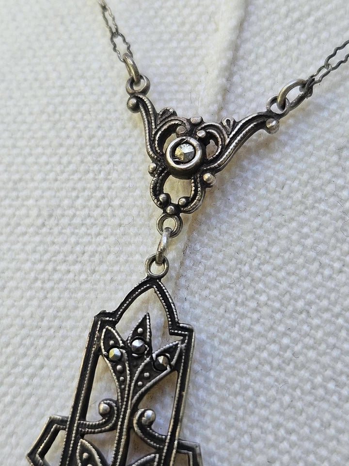 1915 Antique Art Noveau Sterling Silver & Marcasite Drop Necklace
