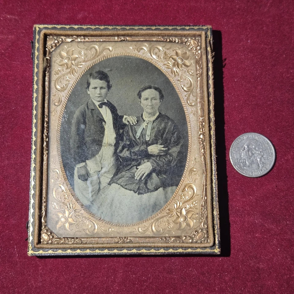 Antique Ambrotype Photograph, Woman And Child Hand-Tinted Gold Cross Detail