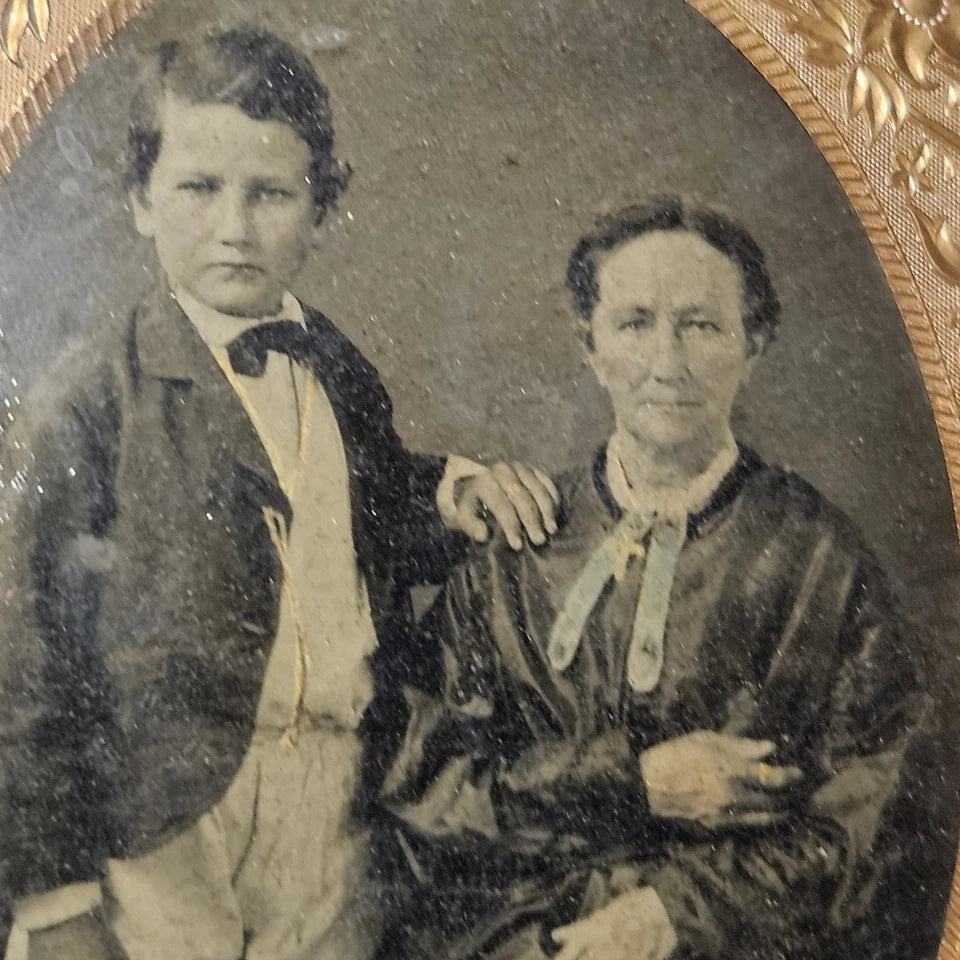 Antique Ambrotype Photograph, Woman And Child Hand-Tinted Gold Cross Detail