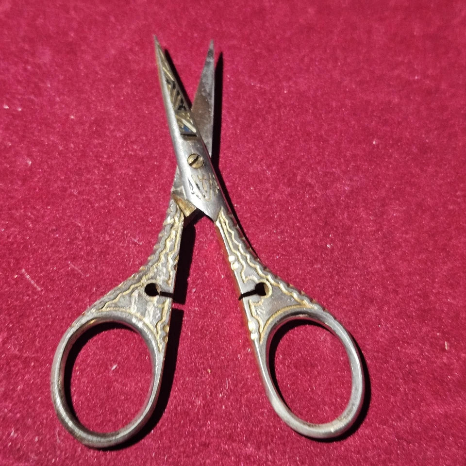 Ornate Antique Toledo Silver Sewing Scissors With Cross