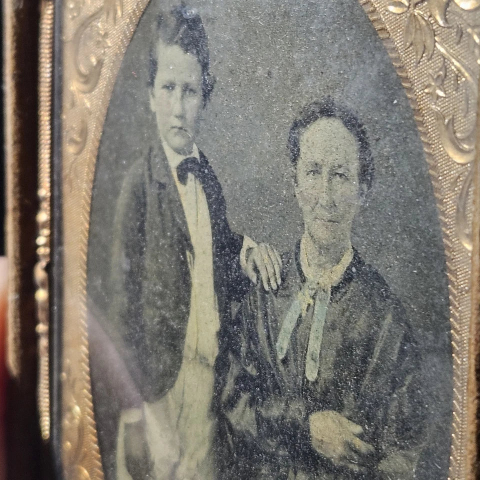 Antique Ambrotype Photograph, Woman And Child Hand-Tinted Gold Cross Detail