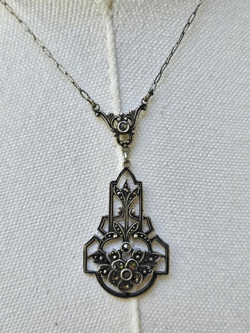 1915 Antique Art Noveau Sterling Silver & Marcasite Drop Necklace