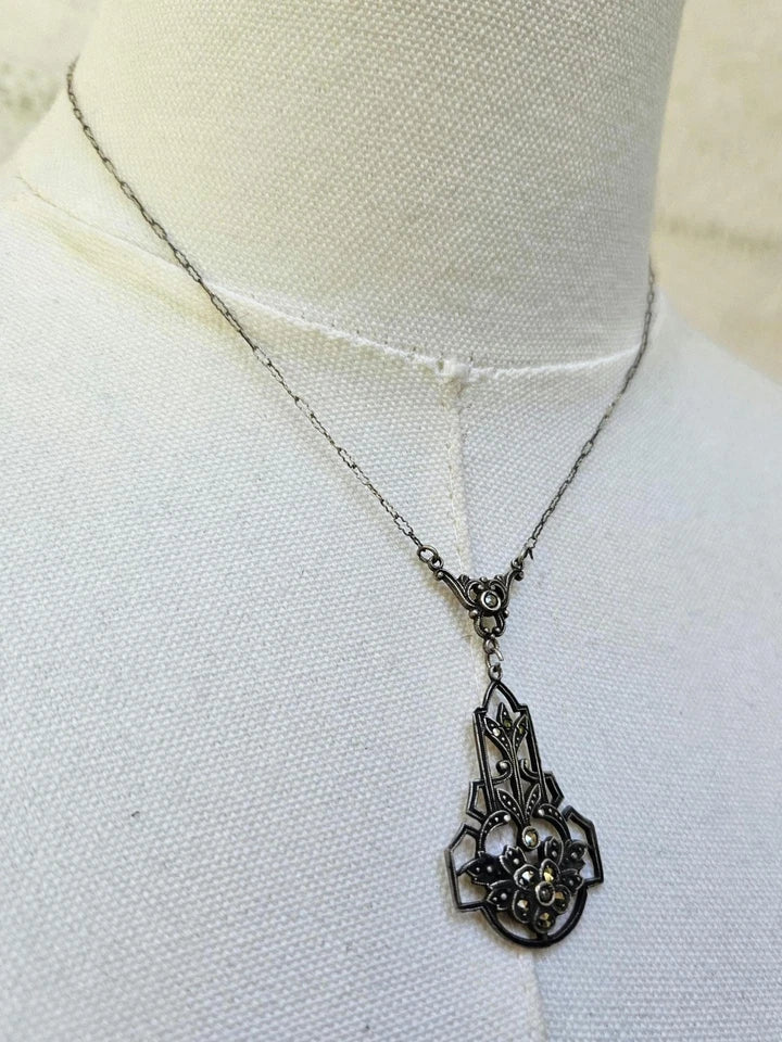 1915 Antique Art Noveau Sterling Silver & Marcasite Drop Necklace