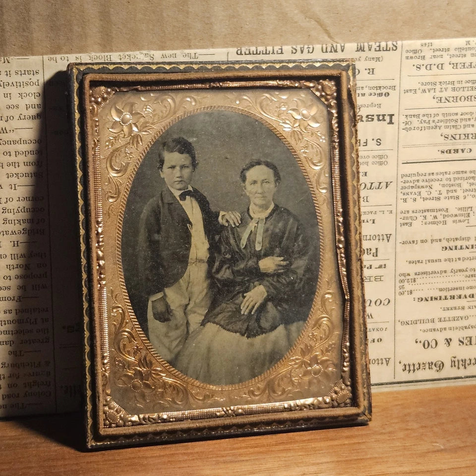 Antique Ambrotype Photograph, Woman And Child Hand-Tinted Gold Cross Detail